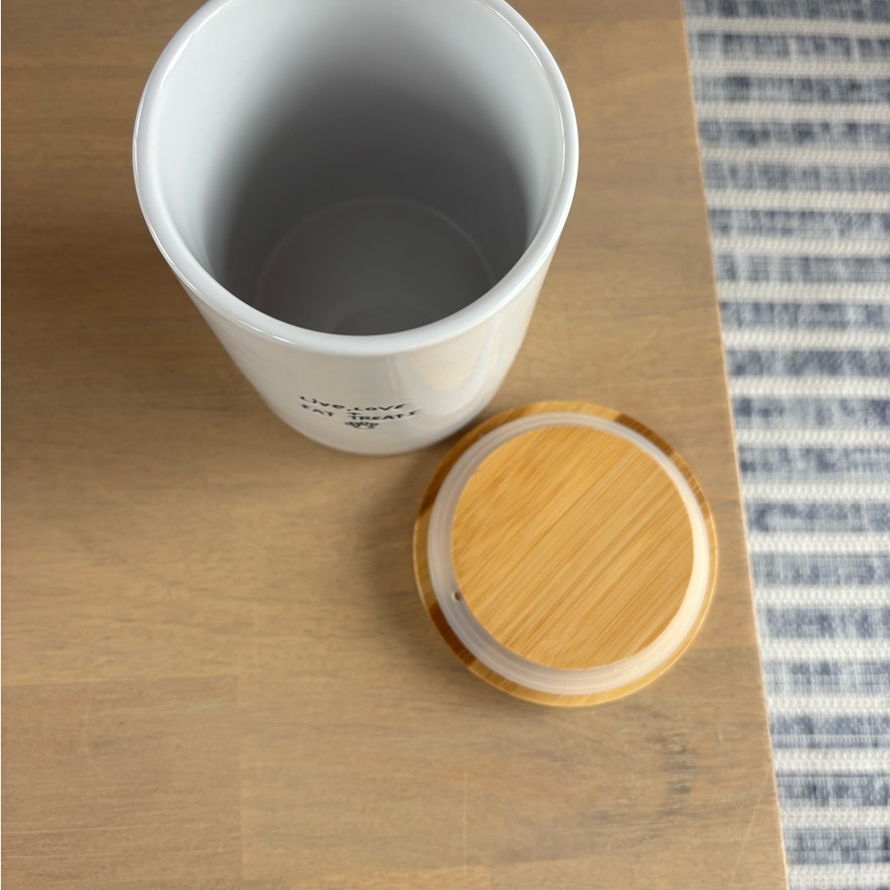 White Ceramic Treat Canister with Bamboo Lid - 'Live, Love + Eat Treats' - Picture 2 of 6